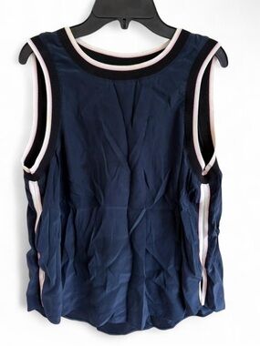 cinq a sept Nicola Navy Sleeveless Silk Tank with Pink and White Trim
